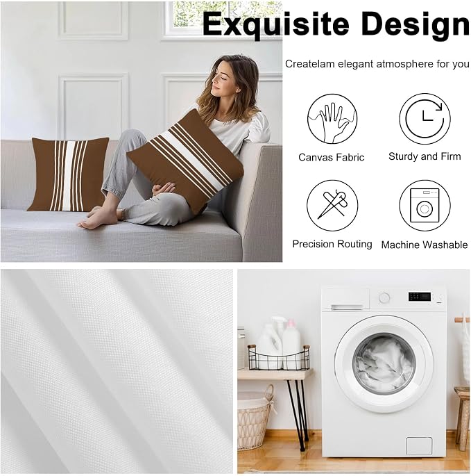 Brown White Stripe Outdoor Pillow Covers 20x20 Inch Throw Pillow Covers Set of 2 Waterproof Decorative Pillow Cases Modern Rustic Vertical Striped Cushion Covers for Patio Furniture Garden Couch Sofa