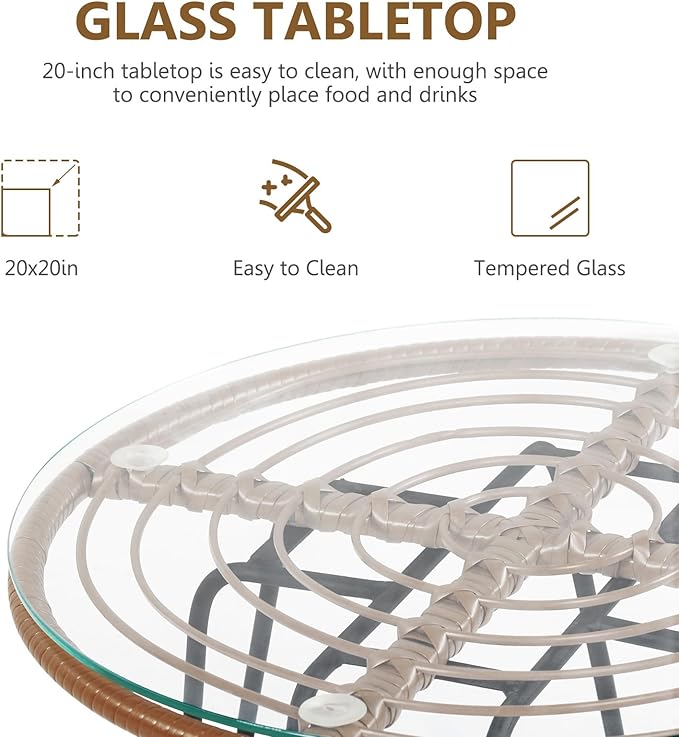 DORTALA 3 Piece Patio Bistro Set, Outdoor Wicker Furniture with Round Tempered Glass Top Table & 2 Rattan Armchairs, Cushions, Conversation Set for Porch, Backyard, Garden, Grey