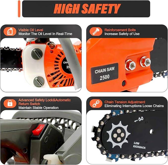 25.4CC 2-Cycle Top Handle Chainsaw Gas Chainsaws, 11.8 Inch Gas Powered Petrol Handheld Cordless Gasoline Chain Saw w/Safety Lock & Automatic Return Switch for Wood Pruning, Tree Stump Trimming