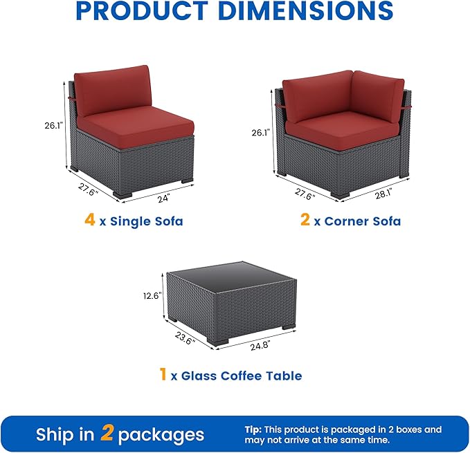 Patio Furniture Sets, 7-Piece Outdoor Patio Furniture with Thick Cushions,Coffee Table Outdoor All-Weather Conversation Set Sectional Sofa for Backyard, Poolside, Garden(Wine Red)