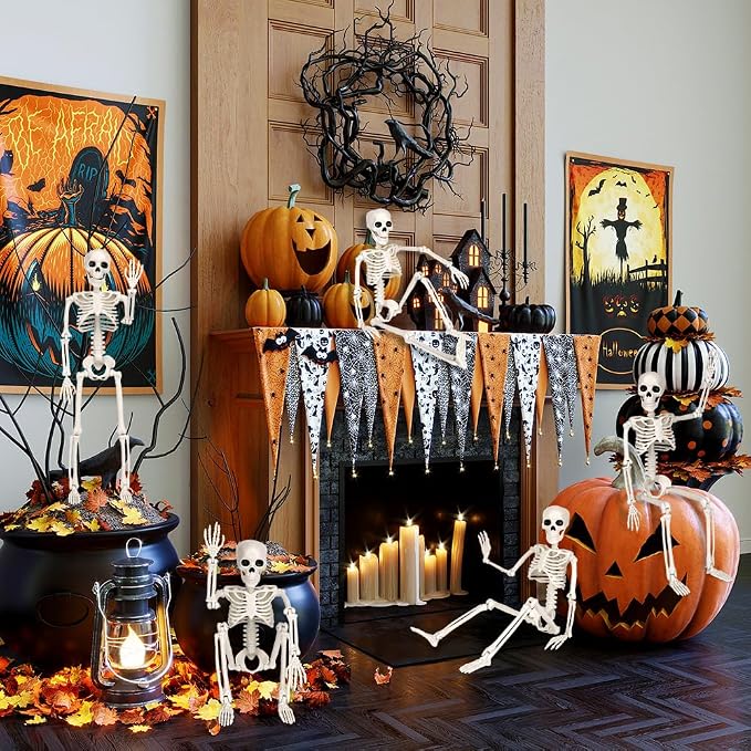 XIMISHOP 8pcs Posable Halloween Hanging Skeleton Decoration, 16" Full Body Skeleton With Movable Joints for Graveyard Haunted House Decor Indoor Outdoor