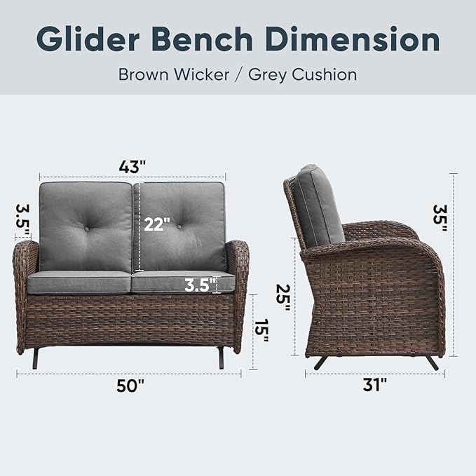 Belord Outdoor Glider Bench Patio Loveseat - 500 Lbs Weight Capacity 2 Seater Wicker Sofa, Small Porch Glider Furniture All Weather Rattan Couch with Removble Cushion for Balcony Deck Backyard, Brown