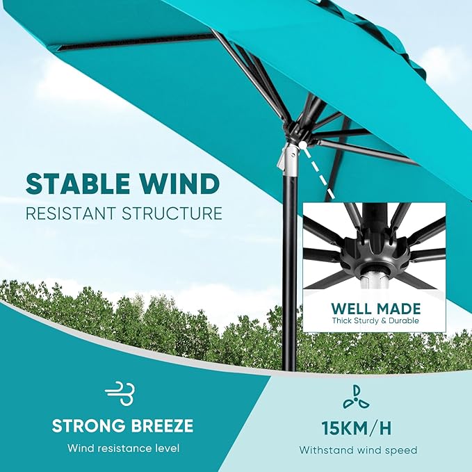 Tempera Patio Market Outdoor Table Umbrella with Auto Tilt and Crank, Large Sun Umbrella with Sturdy Pole & Fade Resistant Canopy, Easy to Set