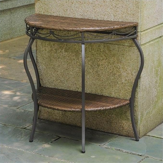 Pemberly Row Half Moon Patio Console Table, 30" H x 30" W x 15" D, Resin Wicker and Steel, Antique Brown Finish, UV Protected, Water Resistant, 2-Tier Design for Indoor or Outdoor Use
