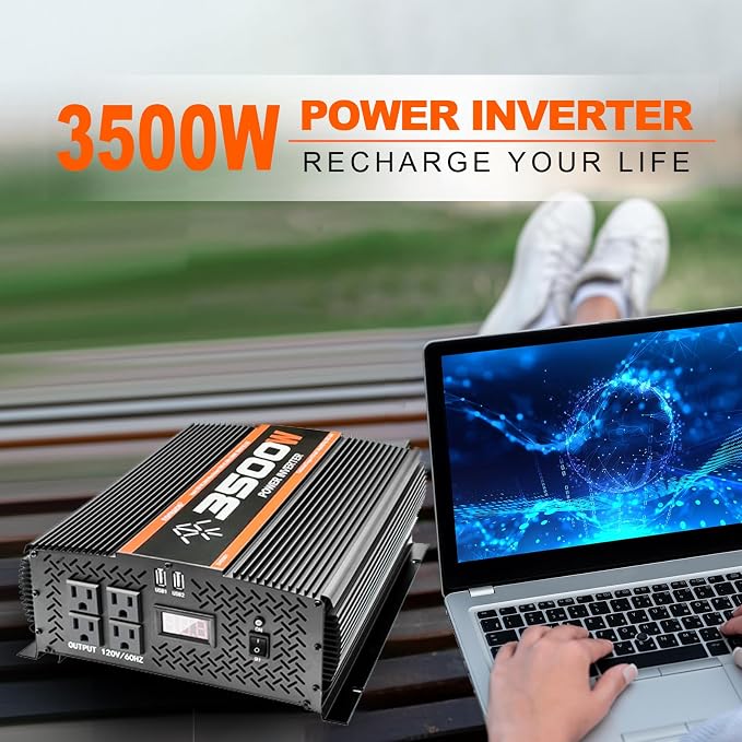 3500W Inverter 12V DC to 110V AC Converter for Home, RV, Truck, Off-Grid Solar Power Inverter with Built-in 5V/2.1A USB, AC Hardwire Port, Remote Controller