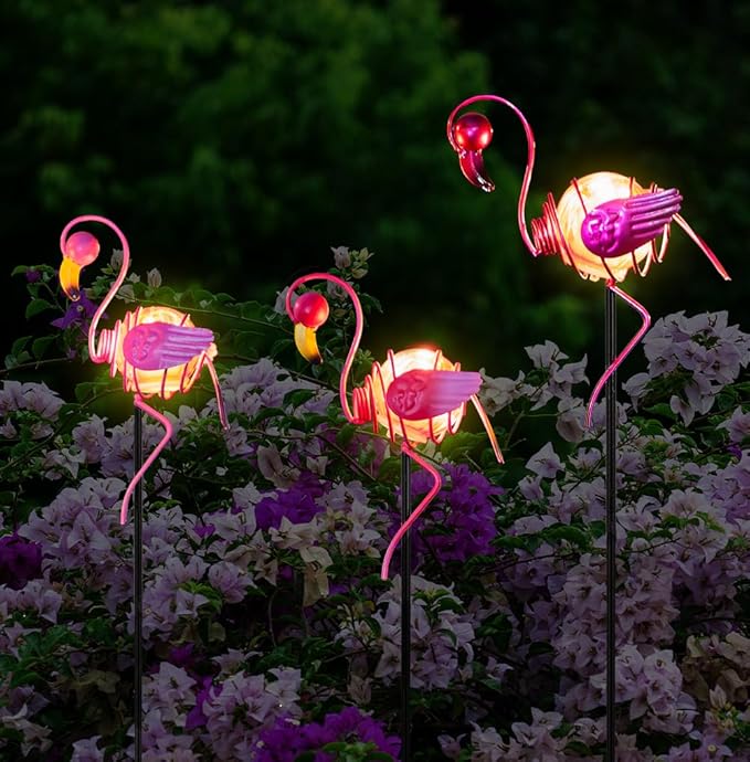 Stargarden 3 Pack Flamingo Solar Lights, Metal Garden Stakes Figurine Lights, Decorative Waterproof Yard Decorations for Pathway, Patio, Outdoor