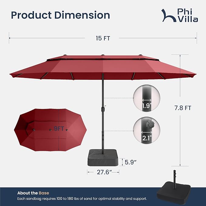 PHI VILLA 15ft Large Patio Umbrellas with Base Included, 2-Tier Outdoor Double-Sided Rectangle Market Umbrella with Stand, Outside Umbrellas for Poolside Lawn Backyard, Wine Red