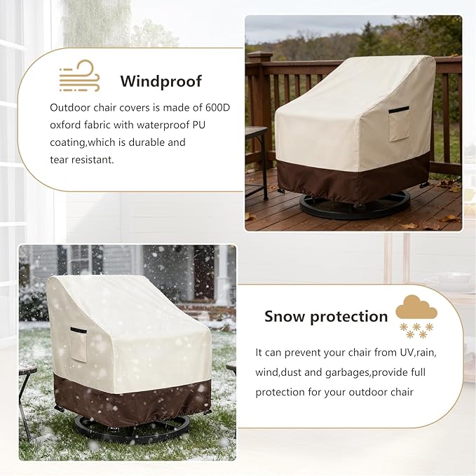 Outdoor Swivel Chair Covers 2 Pack, 35 W x 37 D x 38.5 H inches, 600D Heavy Duty Waterproof Patio Chair Cover, Outdoor Furniture Covers for Lawn/Garden Chiars, Lvory&Brown