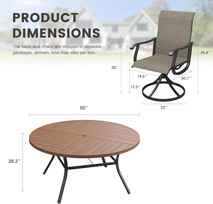 Outdoor Dining Set for 6, 50.1" Metal Round Outdoor Dining Table with Umbrella Hole and Sling Patio Swivel Chairs, 7 Pieces Patio Table and Chairs Set for Garden, Mixed Brown and Walnut