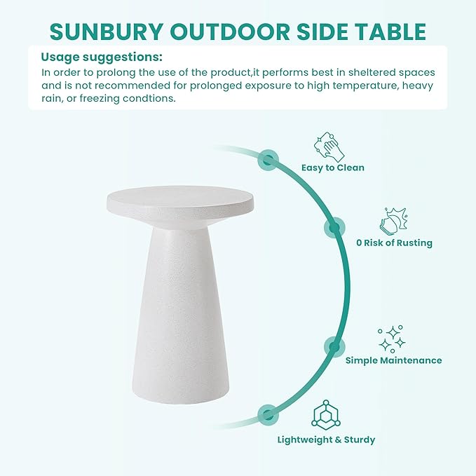SUNBURY Side Table Outdoor Large, 22"H Concrete End Table w Conical Pedestal, Lightweight Round Accent Table, Decorative Modern Coffee Table, Garden Stool for Patio, Porch, Living Room, Spotted White