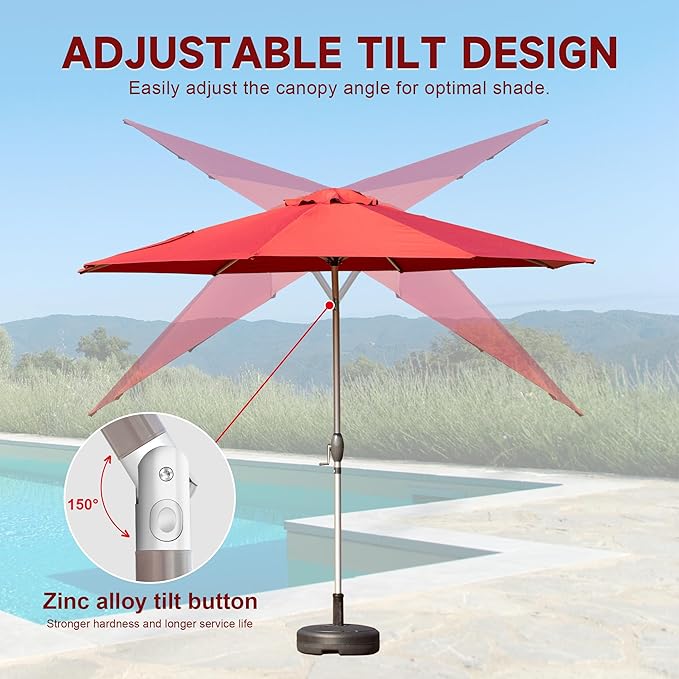 Domi 9FT Patio Umbrella Outdoor Market Umbrella with Silver Aluminum Pole, UV Resistant Canopy, Wind Vent, Tilt & Crank System, Perfect for Patio, Garden, Deck, Pool, Outdoor Dining, Red