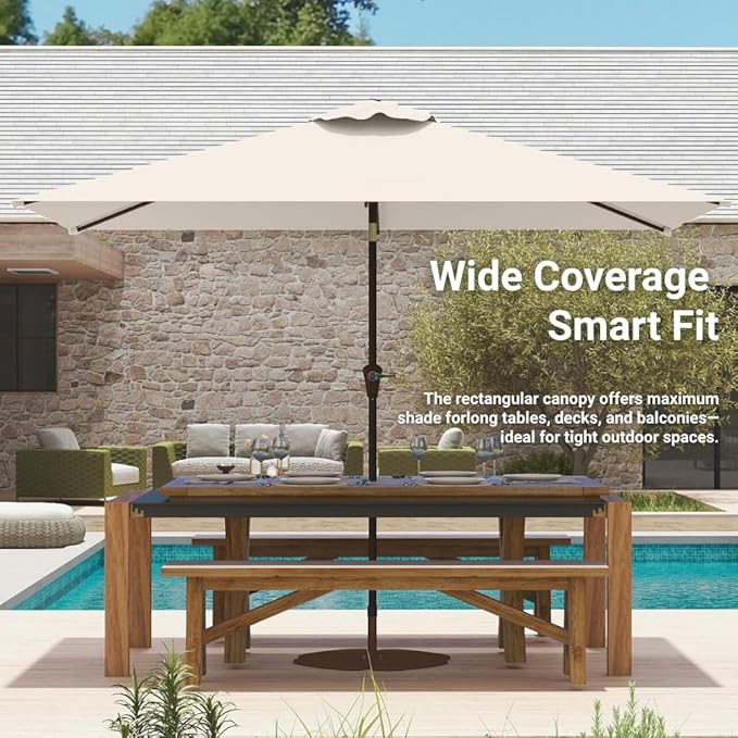 6.5' x 10' Rectangular Patio Umbrella Large Outdoor Market Umbrella w/ UV Protection, Push Button Tilt and Crank Lift, Rectangle Table Umbrella for Garden, Deck, Pool, Patio, Creamy White