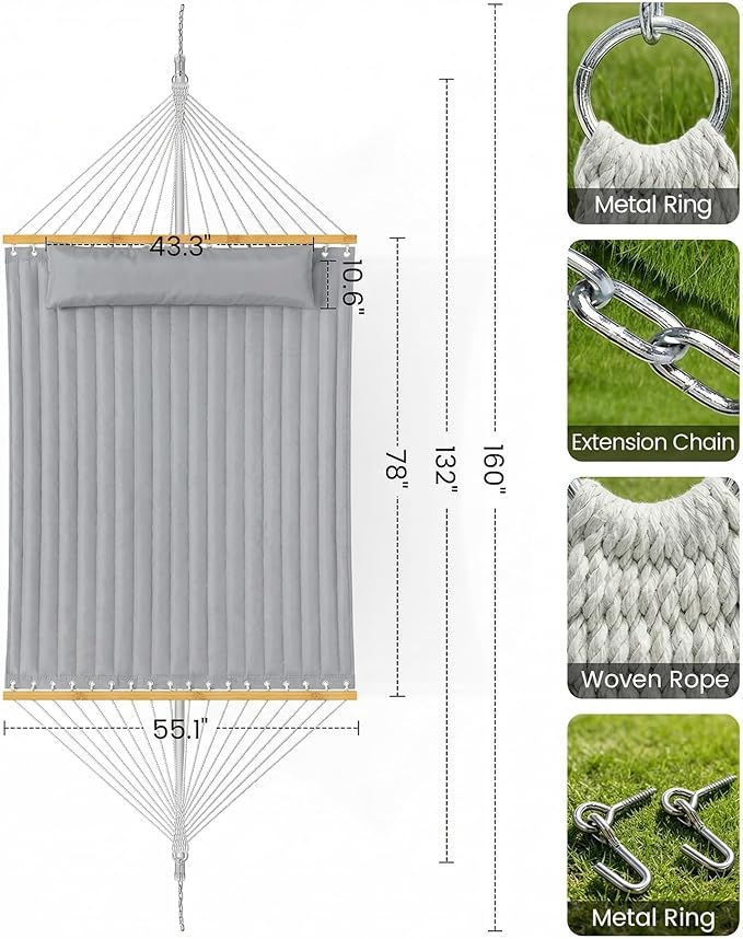 Double Quilted Outdoor Hammock for 2 Adults, 500lb Capacity Backyard & Camping Hammock with Pillow and Bamboo Spreader Bar, Fits 11–15ft Hammock Stands (Stand Not Included),Dark Gray