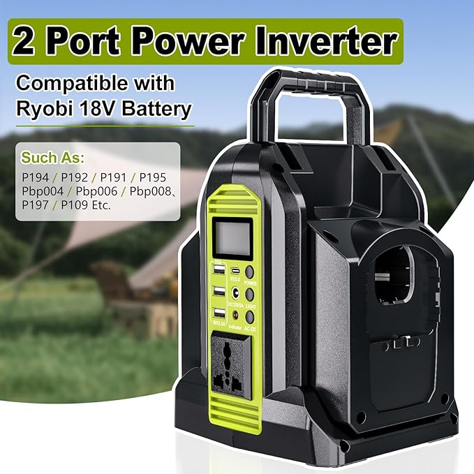 Power Inverter 2 Port for Ryobi 18V Battery, 350W Power Battery Inverter Pure Sine Wave, DC 18V to AC 120V and USB-A & USB-C Output Port for Camping, Jobsite, Emergency Backup (Tool Only)