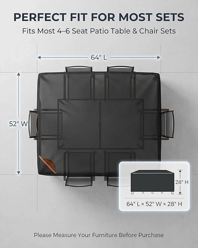 Outdoor Patio Furniture Cover Rectangular, Heavy Duty 600D Waterproof Cover for Table & Chair Set, Windproof, UV Resistant, All-Season Protection for Backyard,Deck & Garden,64" L x 52" W x 28" H,Black
