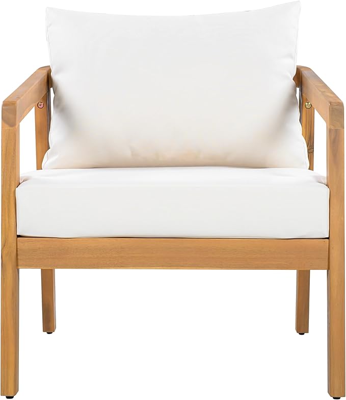 Christopher Knight Home Sures Acacia Wood Club Chair and Coffee Table Set, 3 Piece Patio Bistro Set, Solid Wood Outdoor Patio Furniture Set with Center Table, Natural+Beige