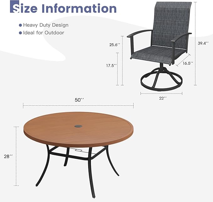 VICLLAX Outdoor Table and Chairs Set for 6, Patio Dining Set of 50 Metal Round Patio Table with Umbrella Hole & 6 Swivel Outdoor Dining Chairs for Backyard Lawn, Charcoal & Walnut