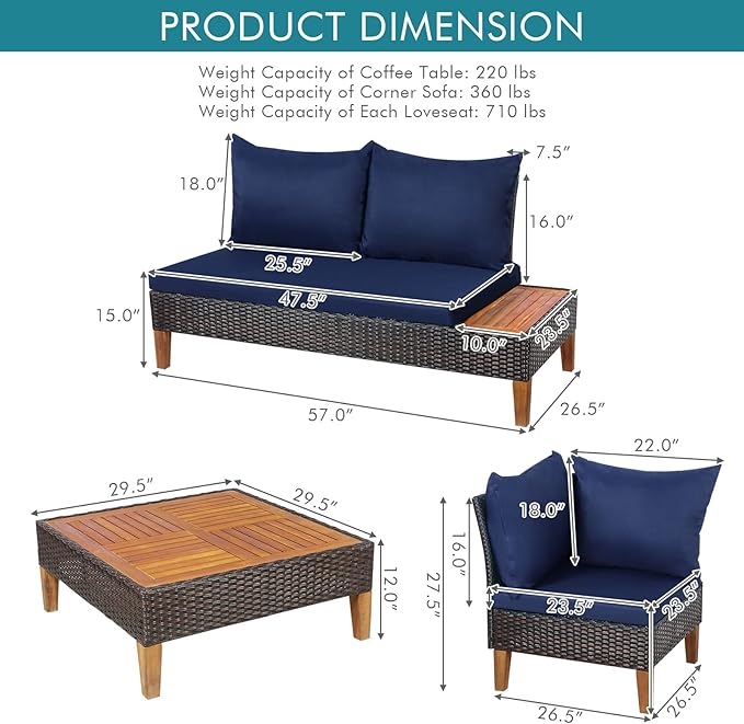 Tangkula 4 Pieces Acacia Wood Patio Conversation Set, Patiojoy Outdoor PE Rattan Sectional Sofa Set with Coffee Table, Corner Sofa & 2 Loveseats, for Backyard Garden Poolside