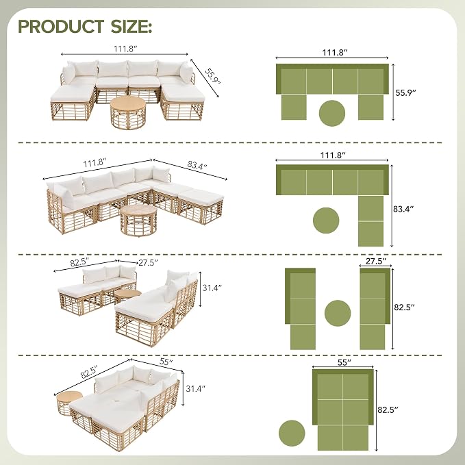 LUMISOL 7 Piece Patio Furniture Set, All-Weather Rattan Sectional Sofa Set with Thick Cushions and Pillows, Freely Combined Conversation Sets for Garden, Backyard, Balcony, Beige