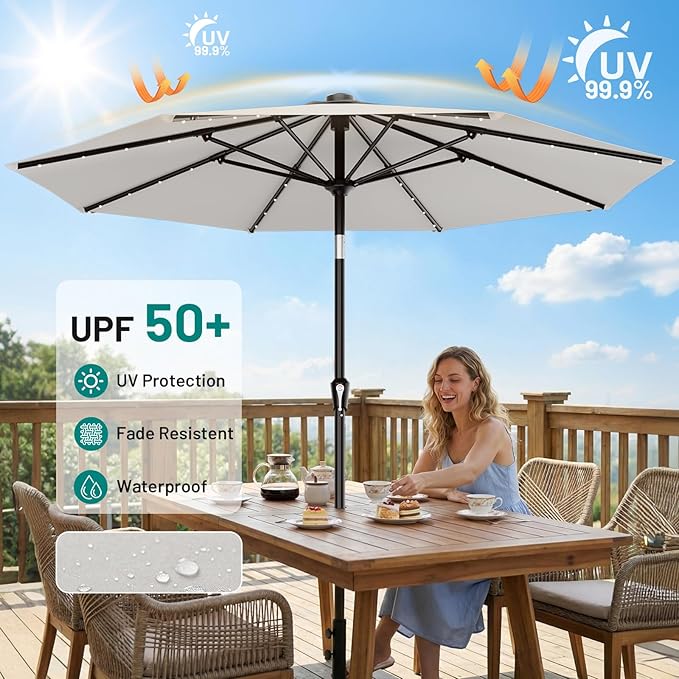 AreShark 9FT Patio Umbrella with Solar Lights, 32 Lighted Pool Umbrella w/Tilt and Crank, Outdoor Market Solar Umbrellas for Garden, Deck, Backyard, Pool and Beach, Light Gray