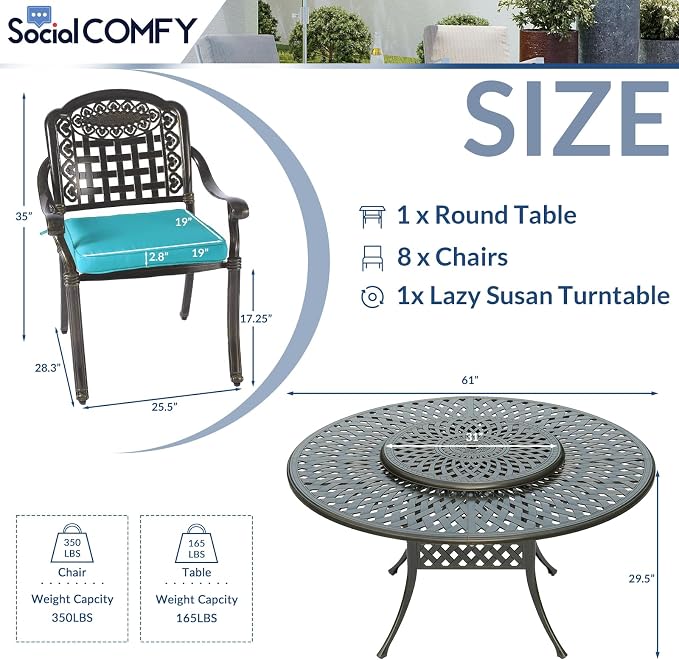 9-Piece Patio Cast Aluminum Dining Set, Outdoor Dining Furniture Set for 8 Person, Includes 8 Cushioned Chairs and 61" Large Round Dining Table W/ 31" Lazy Susan, Umbrella Hole, Ocean Blue