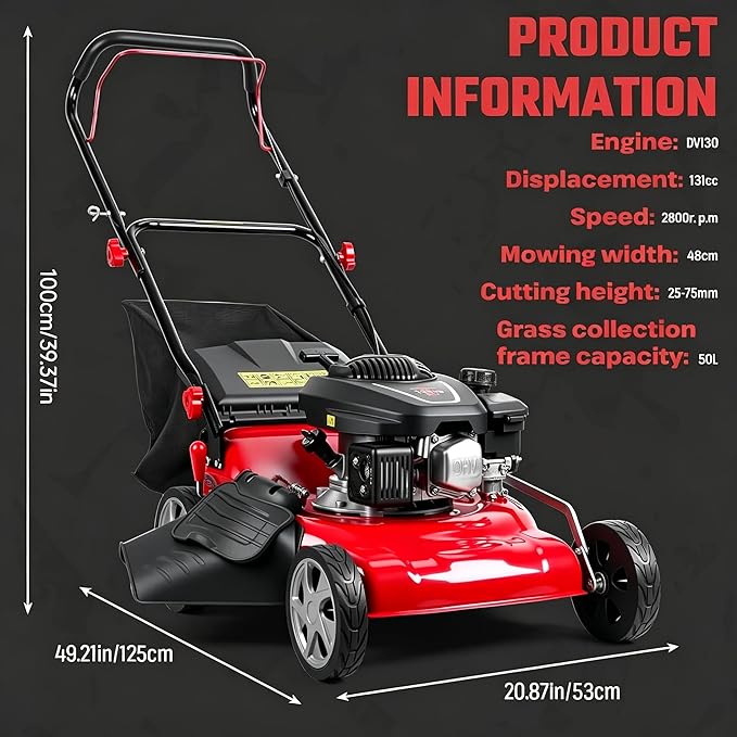 19" 3 in 1 Self Propelled Gas Lawn Mower | 131cc Gas Push Mower with 50L Grass Catcher | 8-Position Height Adjustment | Mulch/Bag/Side Discharge | Big Wheels Red