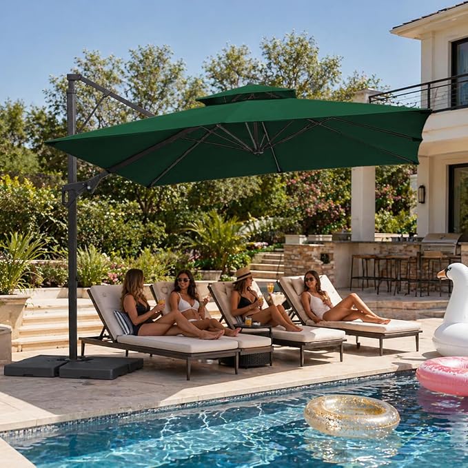 JEAREY 10ft 2-Tier Cantilever Patio Umbrella, Large Square Outdoor Offset Umbrella with Double Top Vent and 360-degree Rotation for Garden, Deck, Pool, Patio, Dark Green