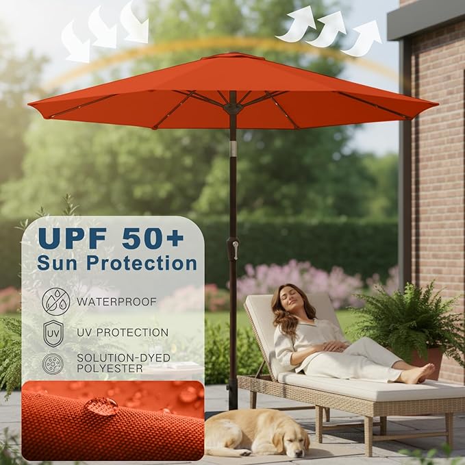 9' Solar LED Patio Umbrella with Tilt & Crank|8 Sturdy Ribs,UV Protection,Outdoor Market Table Umbrella for Deck,Lawn,Pool,Backyard(Orange)