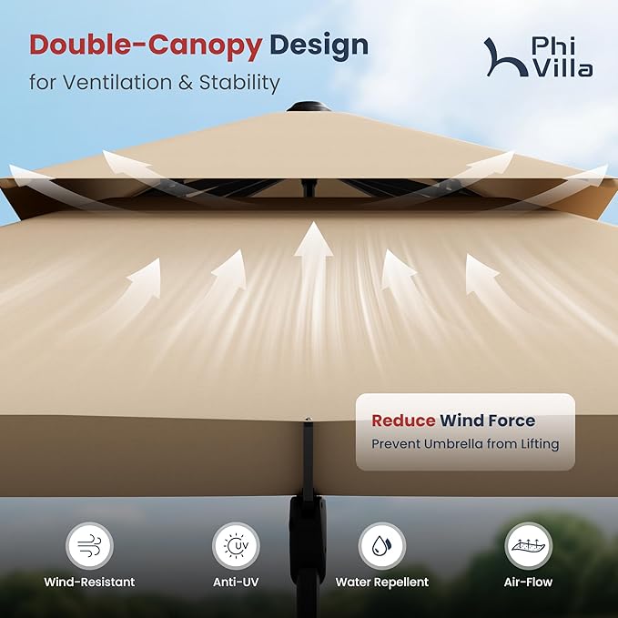 PHI VILLA 9’ x 12’ Cantilever Patio Umbrella with Base, Outdoor Rectangular Heavy Duty Large Umbrella with Hydraulic Lift and 360° Rotation, Beige