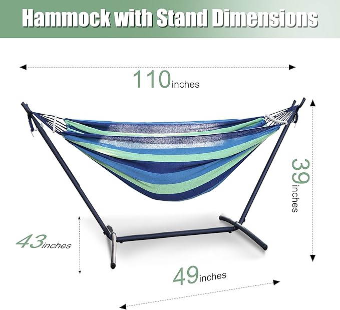 Double Hammock with Freestanding Steel Stand, Portable & Easy Setup, 550lb Capacity Heavy Duty for Patio, Garden,Backyard, Camping, Indoor & Outdoor - Includes Carry Bag (Blue Stripe)