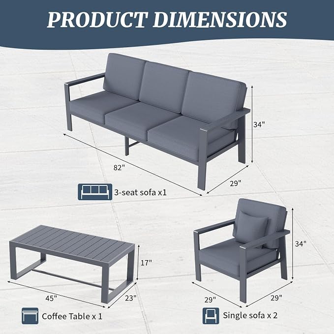Modern All Weather Aluminum Patio Conversation Set,4 Pieces Oversized Metal Sectional Sofa Couch with Cushions and Coffee Table,Outdoor Furniture for Backyard,Porch,Garden, Balcony,Deck Grey