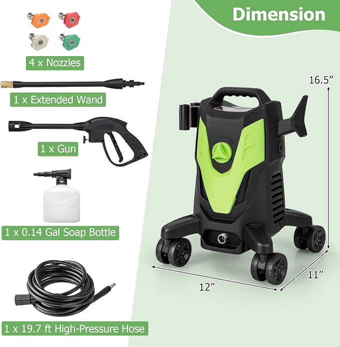 COSTWAY Electric Pressure Washer with 4 Universal Wheels, 2400 PSI High Pressure Cleaner Machine with 4 Nozzles and Soap Bottle, 1.7 GPM Portable Washer for Car, 3 Self-Priming Ways (Green+Black)