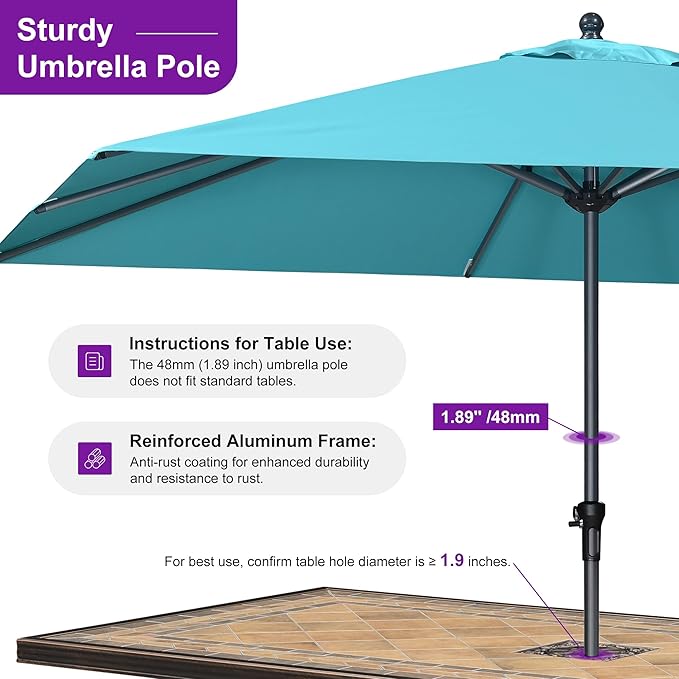 PURPLE LEAF 12' x 9' Rectangle Patio Market Umbrella with Base Outdoor Table Umbrellas Aluminum Frame Sun Shade with 8 Sturdy Ribs for Garden Deck Lawn Pool Turquoise Blue