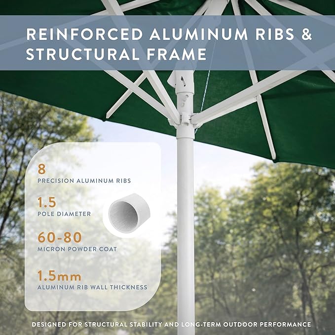 California Umbrella 8-Year Protection 7.5 Ft Outdoor Patio Umbrella, Solstice Fade-Resistant Fabric, Auto-Tilt, Heavy Duty Aluminum Frame, 8 Reinforced Ribs for Pool or Deck, White Pole, Hunter Green