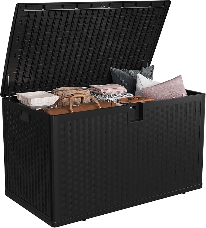 120 Gallon Large Outdoor Deck Storage Box, Waterproof UV Resistant Resin Patio Storage Bin, Lockable Heavy Duty Deck Chest Bench for Patio Cushions Garden Tools Pool Supplies, Black