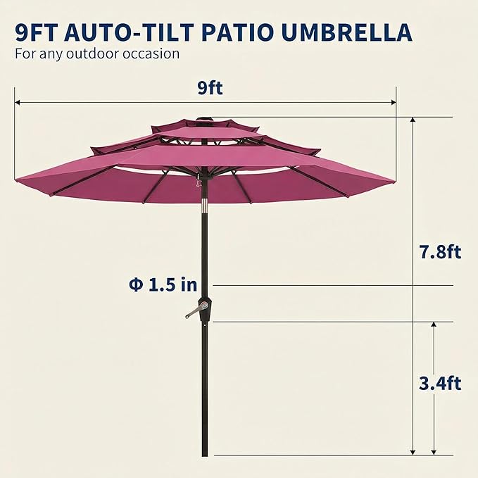 10FT Patio Umbrella 3 Tiers Outdoor Market Umbrella w/Push Button Tilt, Crank, UV and Waterproof Table Umbrella for Garden, Pool, Backyard, Deck, Lawn, Rose Pink