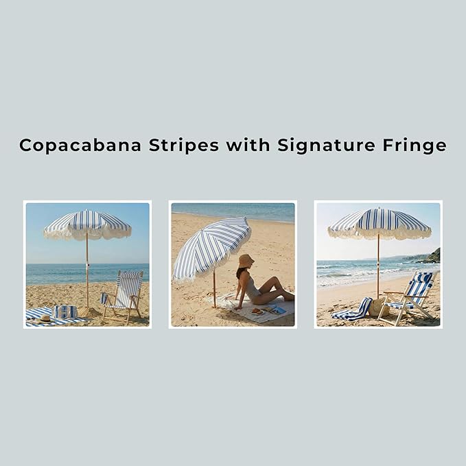 6FT Stripe Fringe Beach Umbrella for Sand with Sand Anchor, UPF 50+ Sun Shade with Tassels, Adjustable Tilt Pole, Portable Coastal Umbrella for Beach & Pool, Heritage Ocean Blue Stripe
