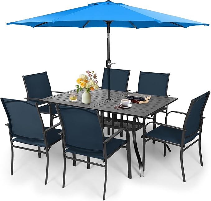 Crownland 7 Piece Patio Dining Set, Outdoor Textilene Dining Sets, 6 Textilene Metal Chairs and Rectangular Outdoor Dining Table with Sky Blue 9FT Round Outdoor Umbrella (Blue)