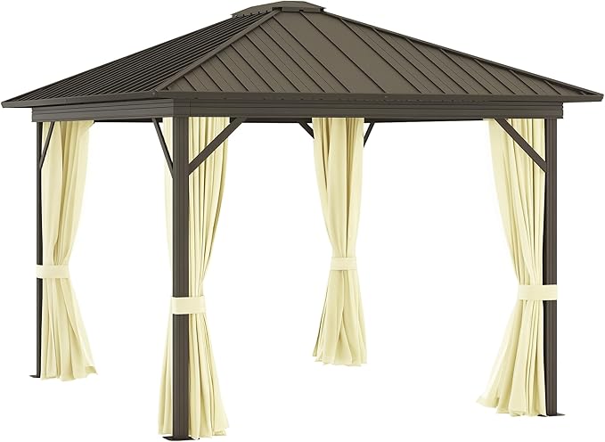 Outsunny 10' x 12' Hardtop Gazebo with Curtains and Netting, Permanent Pavilion Metal Single Roof Gazebo Canopy with Aluminum Frame and Hooks, for Garden, Patio, Backyard, Cream White