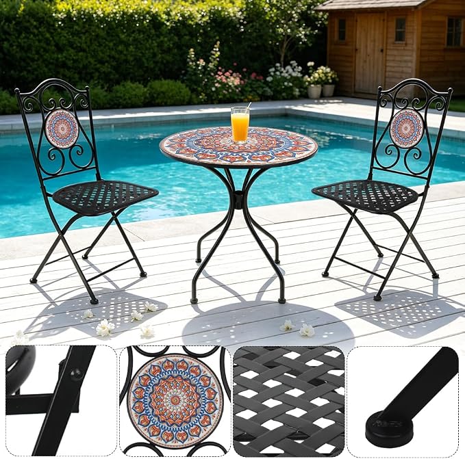 3 Piece Bistro Sets Mosaic Tile Round Table Folding Chairs Garden | Set of 3 Patio Furniture 23.6" Table and 2 Chairs Outdoor Bistro Chairs Artistic Table for Balcony Porch Apartment Backyard
