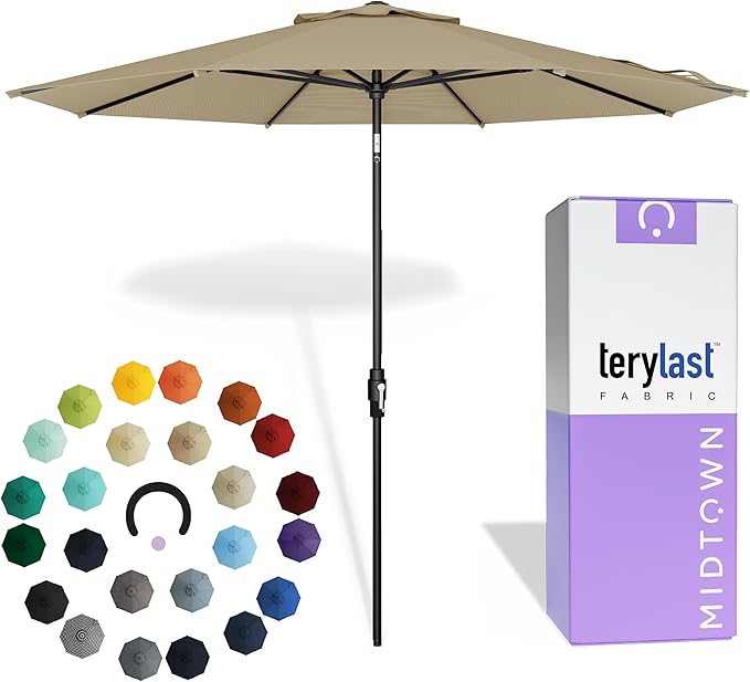 The Swilt 8 Feet Outdoor Umbrella With Terylast Chestnut (Beige) Polyester Fabric - Fiberglass Ribs, Auto-Tilt And Swivel Aluminum Frame Patio Umbrella For Deck, Garden, Pool - Black Pole