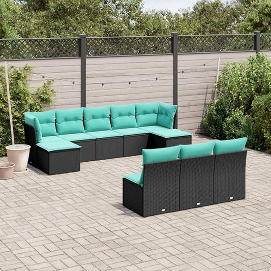 10 Piece Patio Sofa Set with Cushions, Outdoor Dining Sets Garden Lounge Set Patio Conversation Set Porch Furniture Set for Poolside Exhibition Piazza Negotiation Area Black Poly Rattan