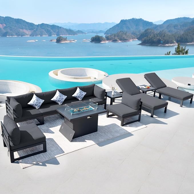 RADIATA Outdoor Aluminum Patio Furniture with Fire Pit Table, Modern Outdoor Patio Furniture Set 11 Pieces, Gray Frame Wide Seat Oversized Sectional Conversation Set for Poolside, Backyard, Grey
