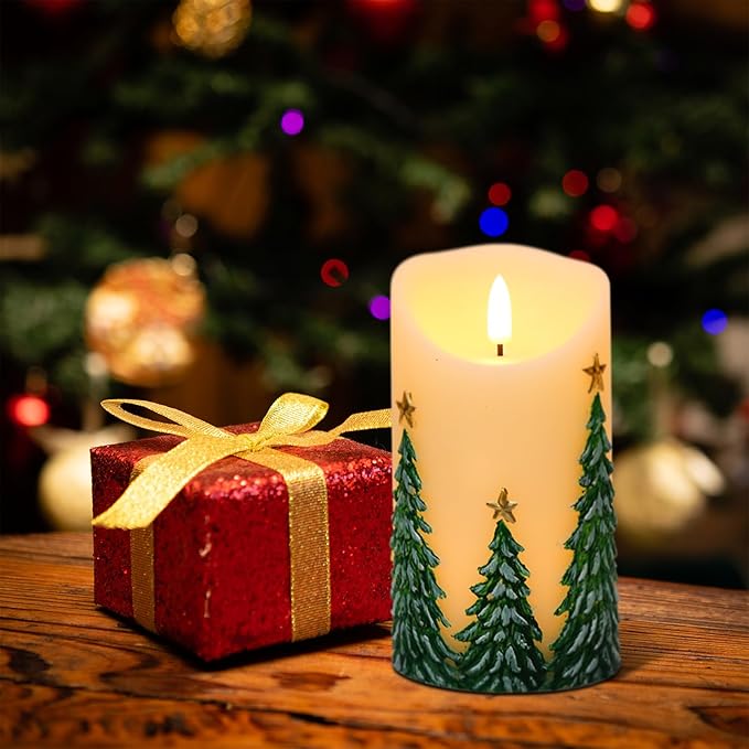 Wondise Christmas Flameless Candles with Timer, Battery Operated Flickering 3D Wick Real Wax Christmas Tree Candles for Christmas Holiday Indoor Decoration, Set of 2, Ivory(D3 x H5.7 Inch)