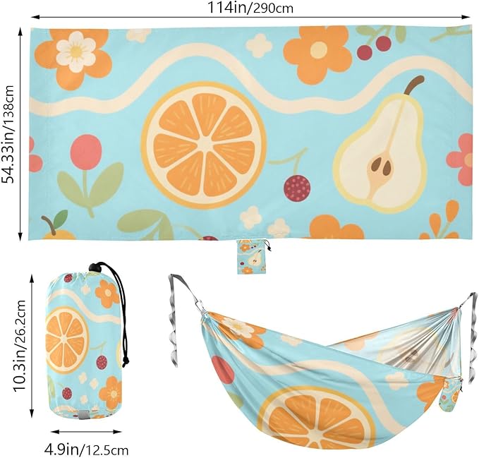 Blue Berry Orange Pear Floral Texture 330lb Capacity Camping Hammocks with Portabl Carry Bag Rope Hammock for Patio Backyard Lounge Base Base para hamacas para adultos