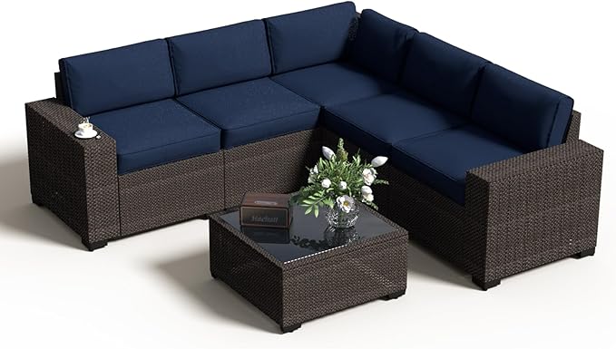 SHGJ&SOFT 6pcs Outdoor Patio Furniture Set, Waterproof Wicker Outdoor Sectional Couch with Thick Cushions, All-Weather Rattan Sectional Sofa (Dark Blue 1, 6 pcs)