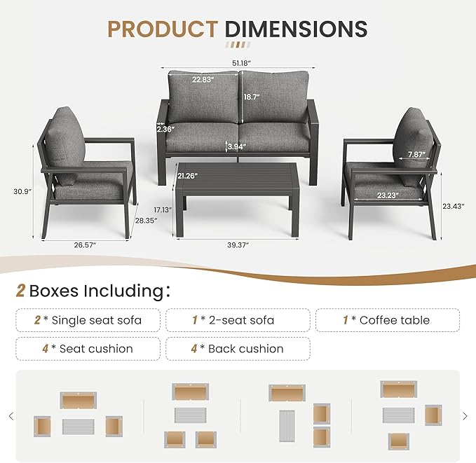 4-Piece Aluminum Outdoor Patio Furniture Sets All-Weather Patio Conversation Set Sectional Sofa with Coffee Table & Cushions with Removable Covers for for Deck Backyard Garden Poolside Balcony Porch