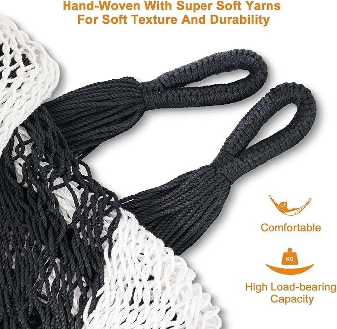 Lazy Daze Hammocks Handwoven Mayan Hammock with Heavy Duty Steel Stand, 10.5 FT Soft Rope Double Hammock for Patio Outside, 550 lbs Weight Capacity, Black/White