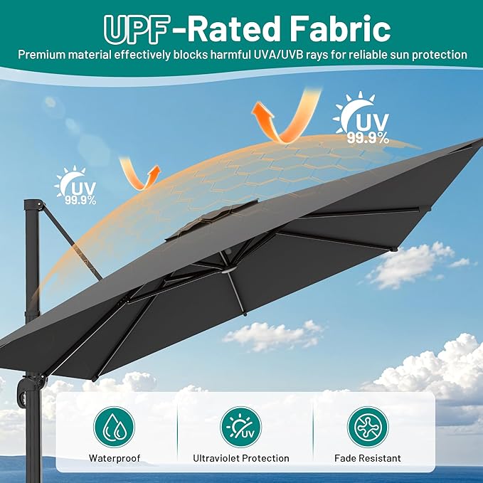 AreShark 8 X 8 FT Cantilever Patio Umbrella, 360-Degree Rotation Round Hanging Offset Umbrella with Crank, Heavy Duty Patio Umbrella for Patio, Pool, Garden, Deck, Grey