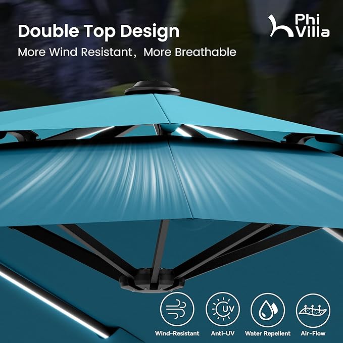 PHI VILLA 13ft Patio Umbrella with 120 PCS Solar-Powered LED Color-Changing Lights, 2-Tier Double-Sided Large Rectanglular Umbrella with Base Included, Blue&Cerulean